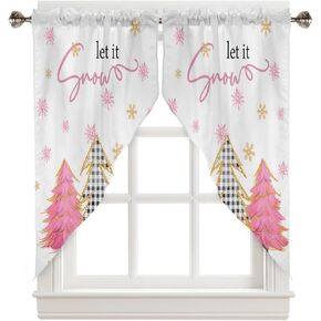 Christmas Curtains Swag Valance Pink Tree Snowflakes Buffalo Plaid Rod Pocket Kitchen Curtains Winter Holiday Window Treatment Valances Swag Curtains for Christmas Decorations, 1 Pair, 28"W x 36"L