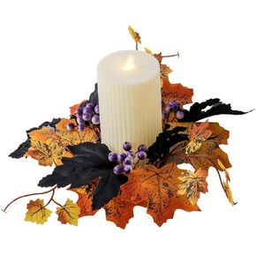 Halloween Candle Rings Wreaths Artificial Maple Leaf Wreath Pillar Candle Holder Wreaths Garland Ornaments for Halloween Fall Thanksgiving Party Home Table Centerpieces Indoor Decorations