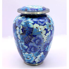 eSplanade Metal Cremation Urn Memorial Jar Pot Container | Full Size Urn for Funeral Ashes Burial | Flowers Printed Urn | Blue - 10" Inches