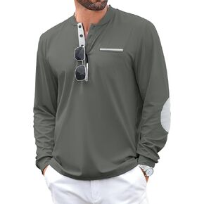 Men's Henley Golf Shirts Long Sleeve Collarless Golf Shirt Casual Moisture Wicking Quick Dry Shirts with Pocket