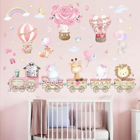 Hot Air Balloon Animal Wall Stickers - Elephant Lion Giraffe Train Animal Wall Decals - Baby Nursery Kids Girls Bedroom Daycare Wall Decor