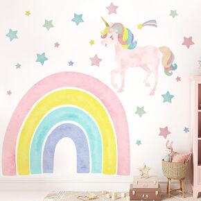 Watercolor Large Rainbow Wall Decals Unicorn Star Peel and Stick Wall Decals Decor Art Unicorn Stickers Waterproof Unicorn Decal for Girls Bedroom Kids Room Baby Nursery