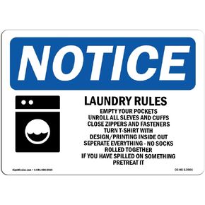 OSHA Notice Sign - Laundry Rules Empty Your Pockets Sign with Symbol | Vinyl Label Decal | Protect Your Business, Construction Site | Made in The USA