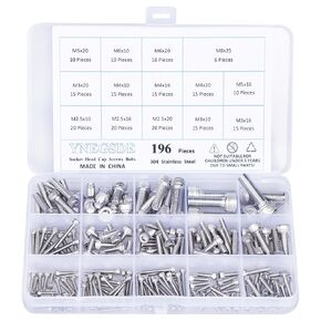Socket Head Screws M2.5 M3 M4 M5 M6 M8 Metric Screws Assortment Kit 304 Stainless Steel Hex Socket Head Cap Bolts Screws, Full Thread, Allen Hex Drive, Bright Finish, Pack of 196
