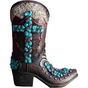 Ebros Rustic Western Country Turquoise Rocks Cross and Silver Scroll Art Brown Faux Tooled Leather Cowgirl Cowboy Boot Decorative Flower Bouquet Vase Or Planter Figurine 9.5" H Southwestern Accent
