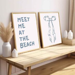 ZYGARTEQ 2Pcs Trendy Meet Me At The Beach Wall Art Blue Coastal Granddaughter Hair Bow Prints Beachy Aesthetic Room Decor Posters Preppy Wall Decor Pictures for Girly Dorm Apartment Unframed 12x16in