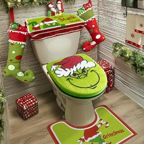 Christmas Decorations - Xmas Bathroom Sets - Christmas Decor Toilet Seat Cover and Rug for Indoor Home Bathroom Set of 4 (Red - Green)