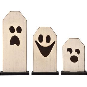3PCS Halloween Decorations Wooden Ghost Theme Table Centerpieces Decor Wood Cute Sculpture Statue Sign Blocks for Fall Party Home Kitchen Shelf Mantel Photo Prop (Wood)