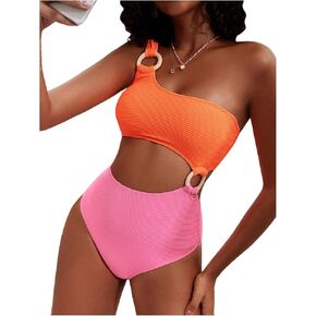 OYOANGLE Women's One Piece Swimsuit Colorblock Cut Out One Shoulder Ring Linked Wireless Bathing Suits