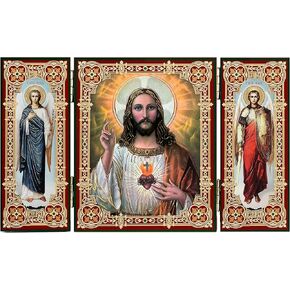 Catholic Sacred Heart of Jesus Icon Triptych, Archangels Saint Michael and Saint Gabriel, 5 1/16 Inch, Gold Foil, Religious Gift for Man, Woman