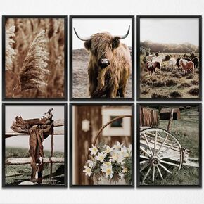 6PCS Vintage Farm Cow Farmhouse Decor Cow Print Wall Art Cow Prints Paintings Pictures for Home Bedroom Farmhouse Kitchen Bathroom Decor Rustic Western Country Cow Wall Decor (8x10 inch，Unframed)