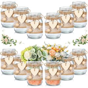 3 مجموعات من Mumufy قطعة مركزية للطاولة من Mason Jar بأكمام من الدانتيل وحبل من القنب على شكل قلب، مزهريات ماسون ريفية وحفلات الخطوبة وحفلات الزفاف وديكورات طاولات الزفاف