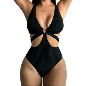 MakeMeChic Women's One Piece Swimsuit Deep V Neck Ring Linked Cut Out Knitted Bikini Bathing Suit