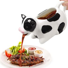 White Gravy Boat, 11oz Cow Ceramic Gravy Jug, Small Sauce Jug with Smooth Handle, Porcelain Sauce Boat for Salad Dressing, Broth, Cream, Milk
