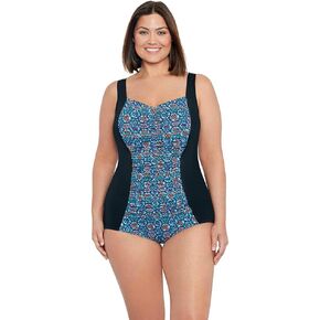 Penbrooke Shape Solver Women's Plus Tile Play Shirred Front Princess Seam Girl Leg One Piece Swimsuit