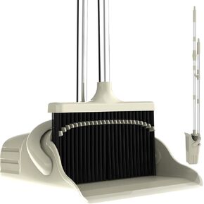 Broom with Dustpan Combo Set - 52'' Long Handle Broom and Dustpan Set with Self-Cleaning Teeth & Standing Dust Pan and Broom for Home Office Kitchen Lobby Floor Use