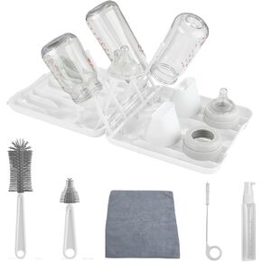 7in1 Travel Bottle Cleaner Kit: Baby Bottle Brush Set & Travel Bottle Drying Rack - Travel Baby Bottle Cleaning Kit - Portable Bottle Cleaning Kit - Baby Bottle Cleaning Set & Drying Rack(Green)