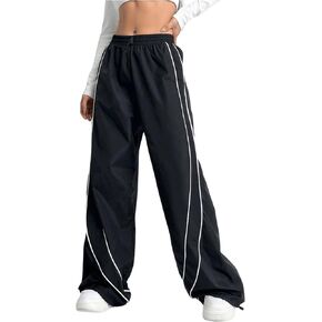 OYOANGLE Women's Parachute Pants Elastic High Waist Jogger Pants Y2K Baggy Casual Wide Leg Track Pants