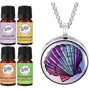 Wild Essentials Seashell Necklace Essential Oil Diffuser Kit with Lavender, Lemongrass, Peppermint, Orange Oils, 8 Refill Pads, Calming Aromatherapy Gift Set, Customizable, Perfume