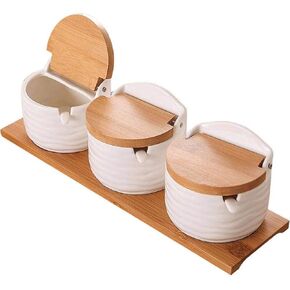 Porcelain Condiment Jar Spice Container with Tray Ceramic Serving Spoon and Lid, Spice Sugar Ceramic Condiment Pot Creative Seasoning Box for Your Home, Kitchen, Counter (Wooden Flip Lid)