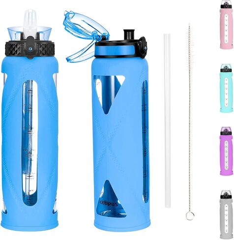 GOPPUS Glass Water Bottles with Straw and Flip Lid, Motivational Water Bottles with Time Marker Reminder and Silicone Sleeve, Leakproof, BPA Free (32 oz, Leopard Orange) in Saudi Arabia