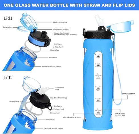 GOPPUS Glass Water Bottles with Straw and Flip Lid, Motivational Water Bottles with Time Marker Reminder and Silicone Sleeve, Leakproof, BPA Free (32 oz, Leopard Orange) in Saudi Arabia