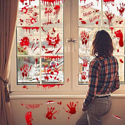 Halloween Window Clings, 9 Sheets Scary Bloody Handprint Footprint Window Stickers for Toilet BathroomDecorations, Window Decals for Halloween School Home Office Party Decorations in Saudi Arabia