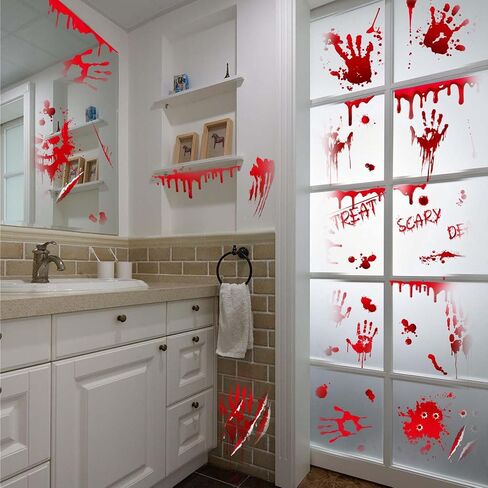 Halloween Window Clings, 9 Sheets Scary Bloody Handprint Footprint Window Stickers for Toilet BathroomDecorations, Window Decals for Halloween School Home Office Party Decorations in Saudi Arabia