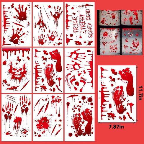 Halloween Window Clings, 9 Sheets Scary Bloody Handprint Footprint Window Stickers for Toilet BathroomDecorations, Window Decals for Halloween School Home Office Party Decorations in Saudi Arabia