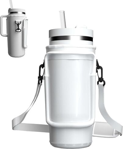 LRITER Water Bottle Carrier Bag with Phone Pocket for 40oz Tumbler with Handle, Adjustable Strap Neoprene Water Bottle Sleeve Pouch for Hiking Camping Travelling. (White) in Saudi Arabia
