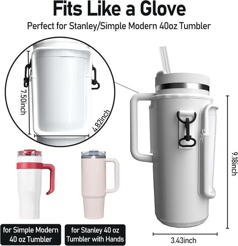 LRITER Water Bottle Carrier Bag with Phone Pocket for 40oz Tumbler with Handle, Adjustable Strap Neoprene Water Bottle Sleeve Pouch for Hiking Camping Travelling. (White) in Saudi Arabia