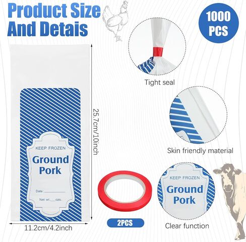 Cholemy 1 lb 1000 Pcs Blue Plaid Ground Pork Freezer Bags Polyethylene Sausage Meat Bags for Freezer Storage Dry Age Bags for Meat with 2 Bag Sealing Tapes Your Ground Meat Packaging System in Saudi Arabia