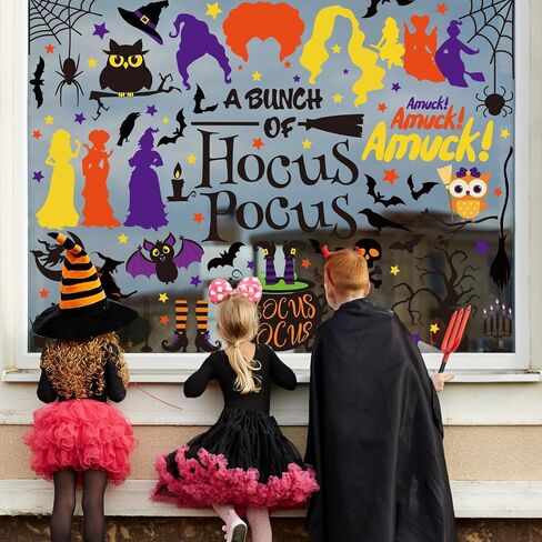 Whaline Halloween Witch Window Clings حجم كبير الأخوات الساحرة طباعة على الوجهين نافذة الشارات Hocus Pocus نافذة مزخرفة ملصقات PVC لديكور عرض مركز التسوق في الهالوين، 11.8 × 35.4 بوصة in Saudi Arabia