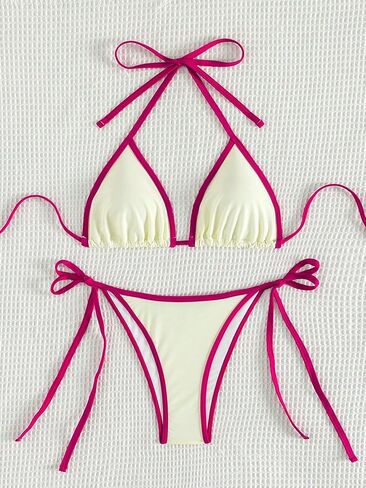 GORGLITTER Women's Color Block Swimsuit Tie Halter Bikini High Cut Bikini Set Beige Medium in Saudi Arabia