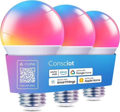 Consciot Smart Light Bulbs, WiFi Bluetooth Color Changing LED Light Bulb, Music Sync, 60W Equivalent Smart Bulb, A19 E26 RGBTW Light Bulbs That Works with Alexa/Google Home/Apple Home/Siri, 3 Pack in Saudi Arabia
