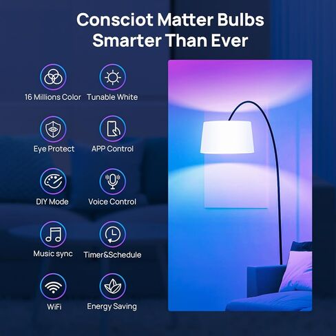 مصابيح الإضاءة الذكية Consciot، لمبة إضاءة LED متغيرة اللون بتقنية WiFi Bluetooth، مزامنة الموسيقى، لمبة ذكية مكافئة 60 وات، مصابيح إضاءة A19 E26 RGBTW تعمل مع Alexa/Google Home/Apple Home/Siri، 3 عبوات in Kuwait