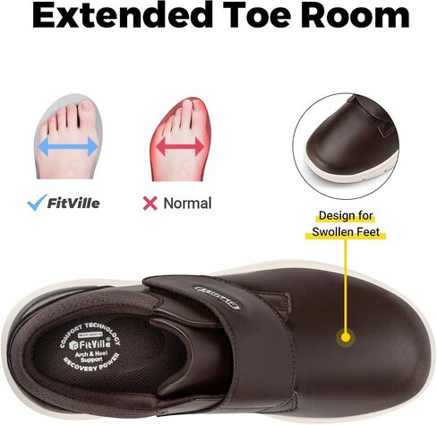 FitVille Diabetic Shoes for Men Extra Wide Slip-on Walking Shoes for Edema Hook & Loop Recovery Leather Shoes for Swollen Feet (8.5 Wide) Black in Kuwait