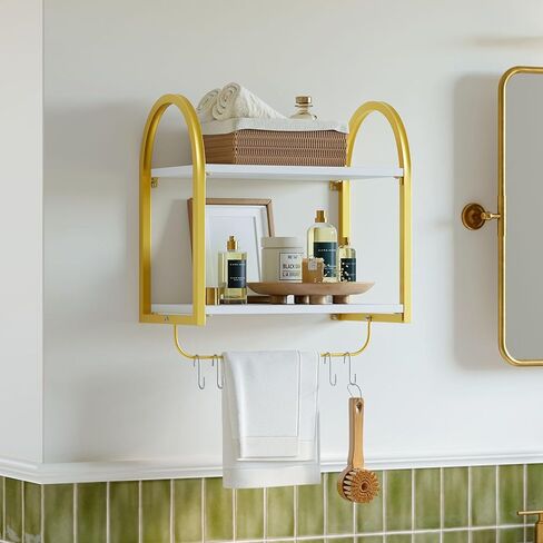 Bestier Floating Shelves for Wall, 3 Tier Wood Wall Shelves for Bathroom with Golden Metal Rack and Towel Bar, Bathroom Shelves Over Toilet, Modern White in Kuwait