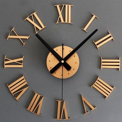 MilesDecor Luxury DIY 3D Wall Clock, Large & Frameless, Self- Adhesive Roman Numerals with Accurate Quartz Movement, Suitable for Home Décor, Living & Dining Room, Kitchen, Study Room, School (Gold) in Saudi Arabia