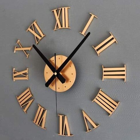MilesDecor Luxury DIY 3D Wall Clock, Large & Frameless, Self- Adhesive Roman Numerals with Accurate Quartz Movement, Suitable for Home Décor, Living & Dining Room, Kitchen, Study Room, School (Gold) in Saudi Arabia
