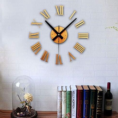MilesDecor Luxury DIY 3D Wall Clock, Large & Frameless, Self- Adhesive Roman Numerals with Accurate Quartz Movement, Suitable for Home Décor, Living & Dining Room, Kitchen, Study Room, School (Gold) in Saudi Arabia