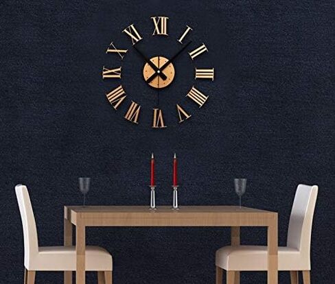 MilesDecor Luxury DIY 3D Wall Clock, Large & Frameless, Self- Adhesive Roman Numerals with Accurate Quartz Movement, Suitable for Home Décor, Living & Dining Room, Kitchen, Study Room, School (Gold) in Saudi Arabia