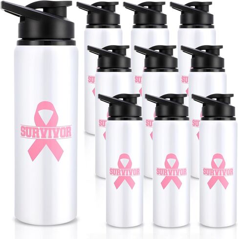 10 قطع هدايا للتوعية بسرطان الثدي للنساء، زجاجات مياه من الألومنيوم سعة 25 أونصة، زجاجة مياه وردية فاتحة، مقاومة للتسرب، كوب ماء رياضي بشريط وردي، زجاجة مياه من أجل جمع التبرعات الخيرية للماراثون in Kuwait