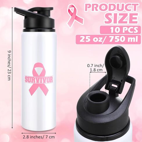 10 قطع هدايا للتوعية بسرطان الثدي للنساء، زجاجات مياه من الألومنيوم سعة 25 أونصة، زجاجة مياه وردية فاتحة، مقاومة للتسرب، كوب ماء رياضي بشريط وردي، زجاجة مياه من أجل جمع التبرعات الخيرية للماراثون in Kuwait