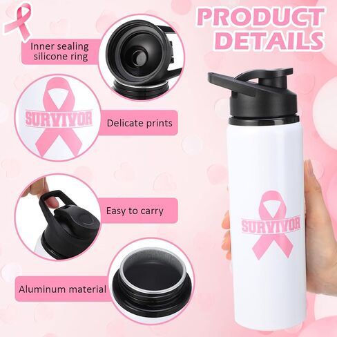 10 قطع هدايا للتوعية بسرطان الثدي للنساء، زجاجات مياه من الألومنيوم سعة 25 أونصة، زجاجة مياه وردية فاتحة، مقاومة للتسرب، كوب ماء رياضي بشريط وردي، زجاجة مياه من أجل جمع التبرعات الخيرية للماراثون in Kuwait