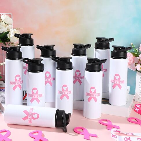 10 قطع هدايا للتوعية بسرطان الثدي للنساء، زجاجات مياه من الألومنيوم سعة 25 أونصة، زجاجة مياه وردية فاتحة، مقاومة للتسرب، كوب ماء رياضي بشريط وردي، زجاجة مياه من أجل جمع التبرعات الخيرية للماراثون in Kuwait