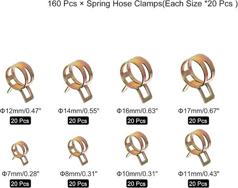 uxcell 160Pcs 7-17mm 8 Size Spring Band Type Action Fuel/Silicone Vacuum Hose Pipe Clamp Low Pressure Air Clip Clamp Assortment Kits, Color Zinc Plated in Saudi Arabia
