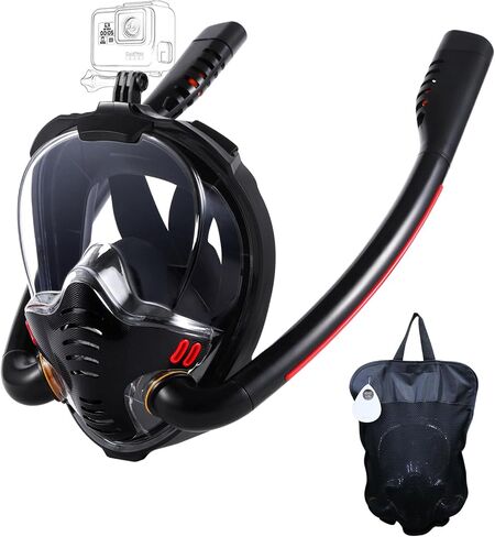 Full Face Snorkel Mask for Adults, Diving and Snorkeling Universal Fit Double Tube Breath Separation Camera Stand Anti-Fog Mirror Independent Exhaust Valve (Black) in Saudi Arabia