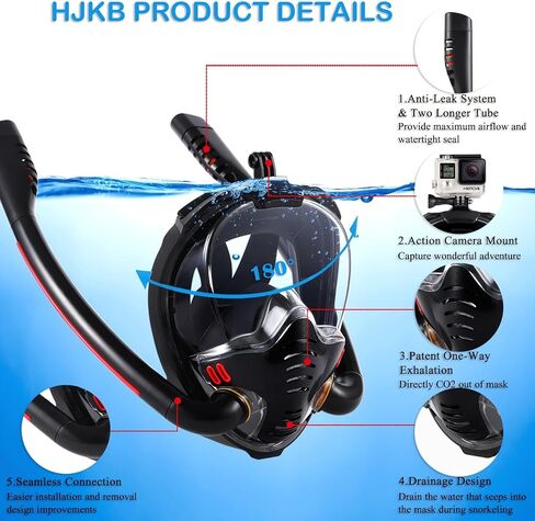 Full Face Snorkel Mask for Adults, Diving and Snorkeling Universal Fit Double Tube Breath Separation Camera Stand Anti-Fog Mirror Independent Exhaust Valve (Black) in Saudi Arabia