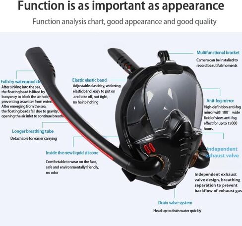 Full Face Snorkel Mask for Adults, Diving and Snorkeling Universal Fit Double Tube Breath Separation Camera Stand Anti-Fog Mirror Independent Exhaust Valve (Black) in Saudi Arabia